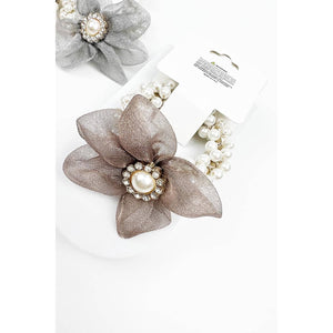 FLOWER WITH RHINESTONE AND PEARL HAIR TIE