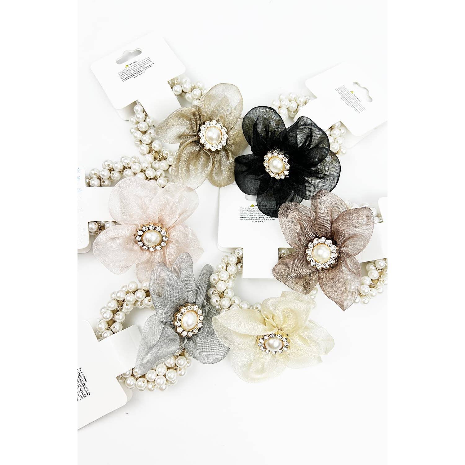 FLOWER WITH RHINESTONE AND PEARL HAIR TIE