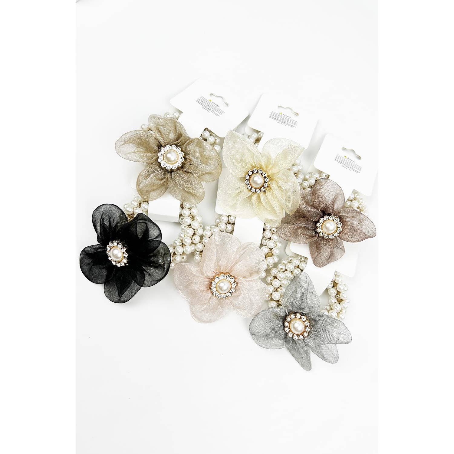 FLOWER WITH RHINESTONE AND PEARL HAIR TIE